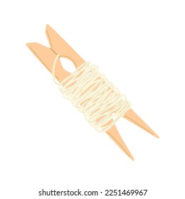 Clothespin with threads. Peg and floss. Vector hand drawn illustration. 
