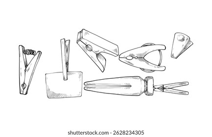 coleção de doodle de gravura desenhada à mão de prendedores