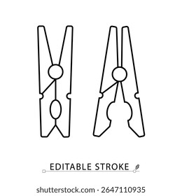 Ícone Clothespins em estilo minimalista com traço editável. Acessório de lavandaria, clipe de secagem, item doméstico, ferramenta de cuidado de roupas, símbolo de pino, objeto de saneamento, desenho de contorno, ilustração de linha de vetor.