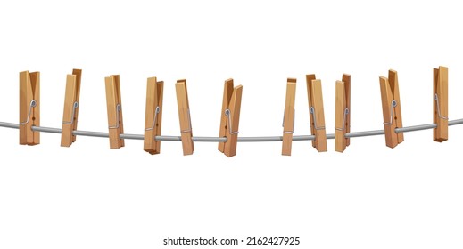 Clothespins, pegs on laundry rope, clothesline string with hanging clips, vector. Clothespins and clothes pegs on laundry rope line, wooden clamp pins on cord on empty white background