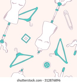 Clothier hand drawn seamless pattern. Sewing tools doodle background. Illustration with sketch objects vector