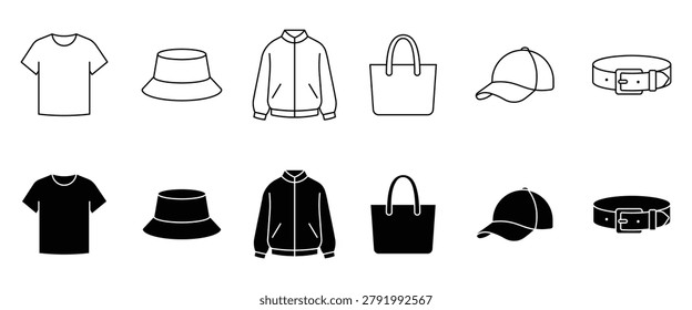 Clothing and accessories collection featuring t-shirt, bucket hat, jacket, tote bag, baseball cap, belt in outline and silhouette styles, vector illustration.
