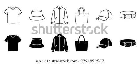 Clothing and accessories collection featuring t-shirt, bucket hat, jacket, tote bag, baseball cap, belt in outline and silhouette styles, vector illustration.