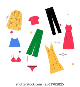 Clothing And Accessories Collection In Flat Vector Illustration Symbolizing Wardrobe Planning, Fashion Trends, And Apparel Variety, Isolated On White Background.