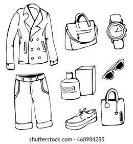 Clothing and accessories doodles for men.  trendy outfit for summer. black on white. shorts, jacket, moccasins, handbags, sunglasses, watches, cologne