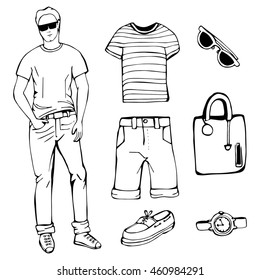 Clothing and accessories doodles for men.  trendy outfit for summer. black on white. man, shorts, bag, sunglasses, watches, sneakers, shirt