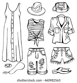 Clothing and accessories doodles.trendy outfit for summer. black on white. dress, shorts, T-shirt, shirt, bag, jewelry