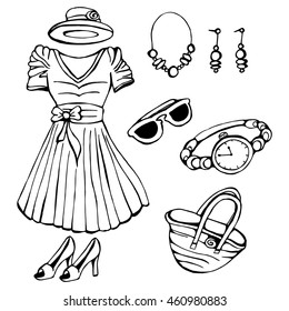 Clothing and accessories doodles.trendy outfit for summer.black on white. dress, bag, hat, shoes, watches, jewelry