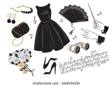 
Clothing and accessories for going to the Opera. Dress, shoes, jewelry, bag,  fan and opera glasses . Hand drawn set of isolated objects.Vector illustration. Theatre trip.
