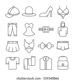 clothing and accessories icons thin line on white background