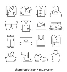 clothing and accessories icons thin line on white background