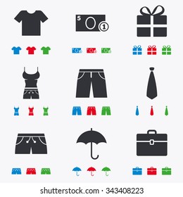 Clothing, accessories icons. T-shirt, business case signs. Umbrella and gift box symbols. Flat black, red, blue and green icons.