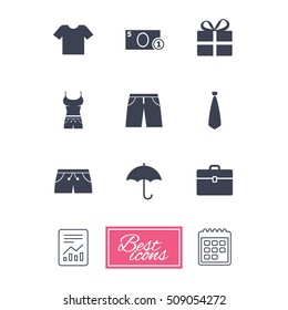 Clothing, accessories icons. T-shirt, business case signs. Umbrella and gift box symbols. Report document, calendar icons. Vector