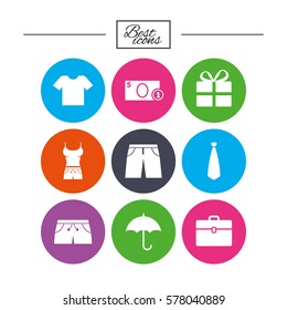 Clothing, accessories icons. T-shirt, business case signs. Umbrella and gift box symbols. Classic simple flat icons. Vector