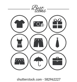 Clothing, accessories icons. T-shirt, business case signs. Umbrella and gift box symbols. Classic simple flat icons. Vector