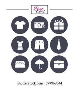 Clothing, accessories icons. T-shirt, business case signs. Umbrella and gift box symbols. Classic simple flat icons. Vector