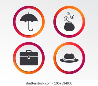 Clothing accessories icons. Umbrella and headdress hat signs. Wallet with cash coins, business case symbols. Infographic design buttons. Circle templates. Vector