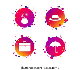 Clothing accessories icons. Umbrella and headdress hat signs. Wallet with cash coins, business case symbols. Gradient circle buttons with icons. Random dots design. Vector