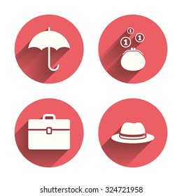 Clothing accessories icons. Umbrella and headdress hat signs. Wallet with cash coins, business case symbols. Pink circles flat buttons with shadow. Vector