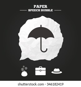 Clothing accessories icons. Umbrella and headdress hat signs. Wallet with cash coins, business case symbols. Paper speech bubble with icon.