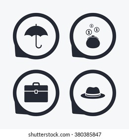 Clothing accessories icons. Umbrella and headdress hat signs. Wallet with cash coins, business case symbols. Flat icon pointers.