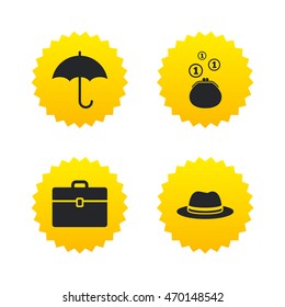 Clothing accessories icons. Umbrella and headdress hat signs. Wallet with cash coins, business case symbols. Yellow stars labels with flat icons. Vector