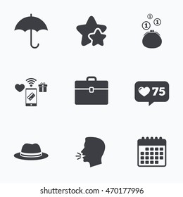 Clothing accessories icons. Umbrella and headdress hat signs. Wallet with cash coins, business case symbols. Flat talking head, calendar icons. Stars, like counter icons. Vector