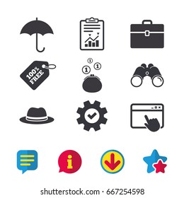 Clothing accessories icons. Umbrella and headdress hat signs. Wallet with cash coins, business case symbols. Browser window, Report and Service signs. Binoculars, Information and Download icons