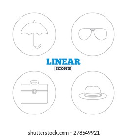 Clothing accessories icons. Umbrella and sunglasses signs. Headdress hat with business case symbols. Linear outline web icons. Vector
