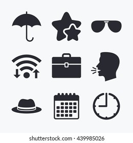 Clothing accessories icons. Umbrella and sunglasses signs. Headdress hat with business case symbols. Wifi internet, favorite stars, calendar and clock. Talking head. Vector