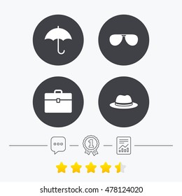 Clothing accessories icons. Umbrella and sunglasses signs. Headdress hat with business case symbols. Chat, award medal and report linear icons. Star vote ranking. Vector