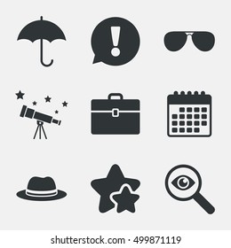 Clothing accessories icons. Umbrella and sunglasses signs. Headdress hat with business case symbols. Attention, investigate and stars icons. Telescope and calendar signs. Vector