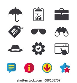 Clothing accessories icons. Umbrella and sunglasses signs. Headdress hat with business case symbols. Browser window, Report and Service signs. Binoculars, Information and Download icons. Vector