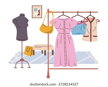 Ropa y accesorios dentro de una boutique, estilo gráfico plano, sobre fondo blanco. Concepto de guardarropa, venta al por menor de la moda. Ilustración vectorial