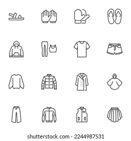 Clothing and accessories line icons set, outline vector symbol collection, linear style pictogram pack. Signs logo illustration. Set includes icons as gloves, sandal shoes, hoodie, skirt, coat, shorts