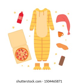 Clothing and accessories for a pajama party. A relaxed evening. Objects isolated on a white background. Vector illustration in cartoon style.