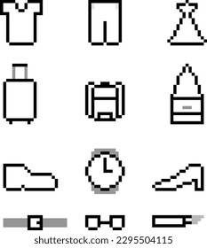 Clothing and accessories Pixel Art Icons set. Shirt, pants, dress, pants, handbag, shoe, watch, belt. glasses, lipstick