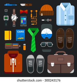 Clothing and accessories set for a man in daily life. Casual and sportswear, hats and the little things that are always in your bag in vector flat set