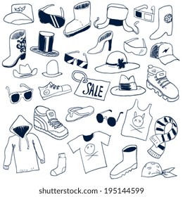 clothing and accessories stuff, doodle vector illustration icons set