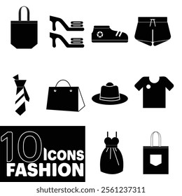 Clothing and accessories vector icon set. Modern solid symbol collection. Signs, logo illustration. Including tote bags, shoes, frock, hat and more.