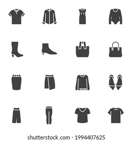 Clothing and accessories vector icons set, modern solid symbol collection, filled style pictogram pack. Signs, logo illustration. Set includes icons as woman shoes, dress, skirt, bag, sweater, pants
