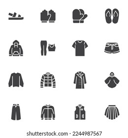 Clothing and accessories vector icons set, modern solid symbol collection, filled style pictogram pack. Signs logo illustration. Set includes icons as gloves, sandal shoes, hoodie, skirt, coat, shorts