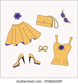 Clothing and accessories for women, summer yellow. Set - Skirt, bag, shoes, glasses and jewelry. Vector. Isolated background.