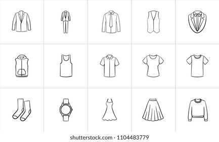 Clothing and accessory sketch icon set for web, mobile and infographics. Hand drawn clothing and accessory vector icon set isolated on white background.