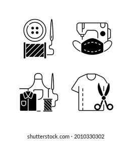 Clothing Alteration Black Linear Icons Set. Button Replacement. Mask Sewing. Work Wear Fix. Resizing Shirt. Outfit Repair Services. Glyph Contour Symbols. Vector Isolated Outline Illustrations