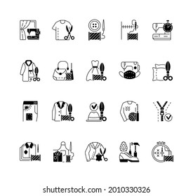 Clothing alteration and repair services black linear icons set. Professional upholstery. Sewing machine. Garment restoration. Glyph contour symbols. Vector isolated outline illustrations