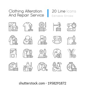 Clothing alteration and repair services linear icons set. Professional upholstery. Garment restoration. Customizable thin line contour symbols. Isolated vector outline illustrations. Editable stroke