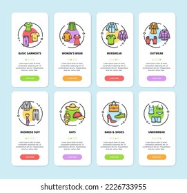 Clothing App Screens Cards Set Include of Bag, Shoes, Business Suits and Outerwear. Vector illustration of Card