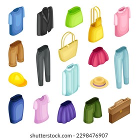 Clothing or Apparel Items Made of Fabrics with Pair of Jeans and Skirt Isometric Big Vector Set