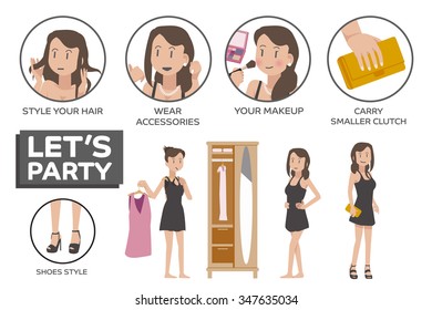 Clothing Arrangements For Event Social. Dress Women Appropriately For Party. Character People Flat Style.